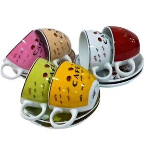 Vintage Coffee / Café Cups and Saucers Set of 6 Multicolored w/ Matching Saucers